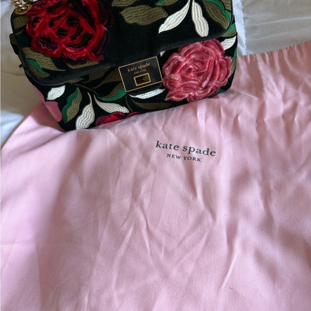 kate spade Black Floral Embroidered Shoulder Bag with Pink & Red Roses